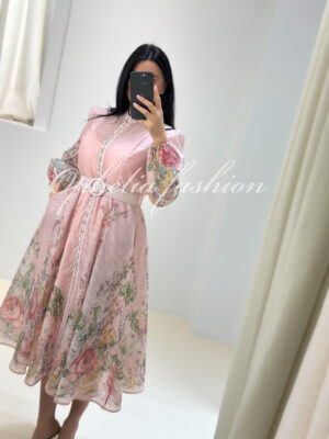 Ρομαντικό Floral Midi Φόρεμα σε Ροζ Απόχρωση με Ζώνη και Λουλουδένια Κουμπιά