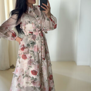 Ρομαντικό Midi Φόρεμα 100% Βισκόζη με 3D Λεπτομέρειες & Ζώνη